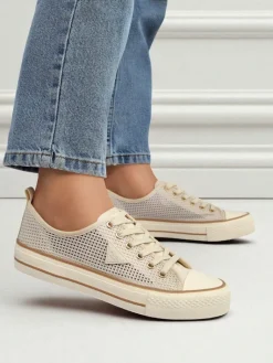 Aurelia Beige - damskie tenisówki tkaninowe na płaskiej podeszwie 3 cm Trampki