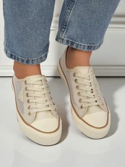 Aurelia Beige - damskie tenisówki tkaninowe na płaskiej podeszwie 3 cm Trampki