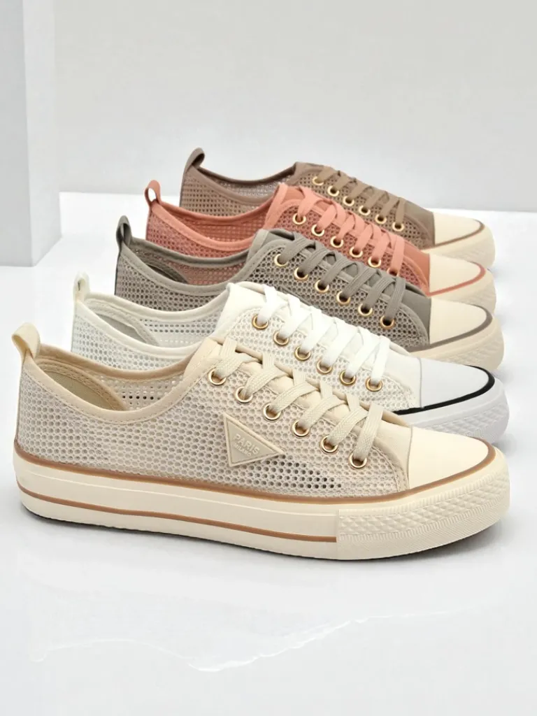 Aurelia Beige - damskie tenisówki tkaninowe na płaskiej podeszwie 3 cm Trampki