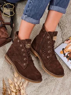 Hot Aurelia Brązowe Botki Zamszowe z Futerkiem Ażurowe Eleganckie 2,5cm Botki Bez Ocieplenia|Botki Sznurowane