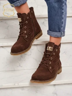 Hot Aurelia Brązowe Botki Zamszowe z Futerkiem Ażurowe Eleganckie 2,5cm Botki Bez Ocieplenia|Botki Sznurowane