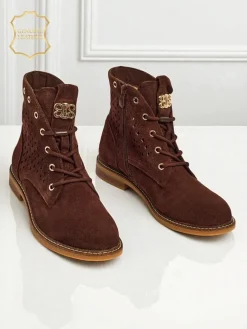 Hot Aurelia Brązowe Botki Zamszowe z Futerkiem Ażurowe Eleganckie 2,5cm Botki Bez Ocieplenia|Botki Sznurowane