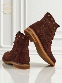 Hot Aurelia Brązowe Botki Zamszowe z Futerkiem Ażurowe Eleganckie 2,5cm Botki Bez Ocieplenia|Botki Sznurowane