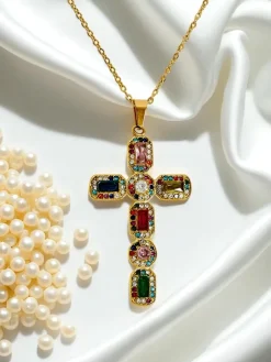 Best Aurelia Lux Kolorowy Krzyż Złoty Naszyjnik Glamour z Kamieniami Damskie Biżuteria