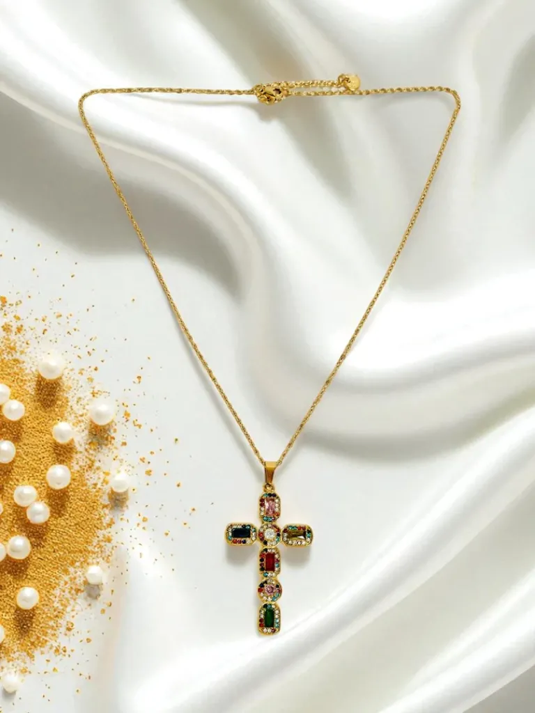 Best Aurelia Lux Kolorowy Krzyż Złoty Naszyjnik Glamour z Kamieniami Damskie Biżuteria