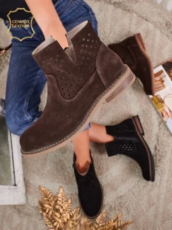 Best Aurelia Verona - Brązowe botki zamszowe damskie z naturalnej skóry, 3 cm obcas Botki Bez Ocieplenia|Botki Na Płaskim Obcasie