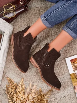 Best Aurelia Verona - Brązowe botki zamszowe damskie z naturalnej skóry, 3 cm obcas Botki Bez Ocieplenia|Botki Na Płaskim Obcasie