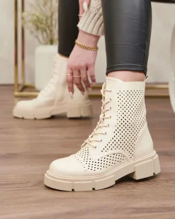Hot Ażurowe beżowe damskie botki na płaskim obcasie Rolika - Obuwie Botki Bez Ocieplenia|Botki Sznurowane