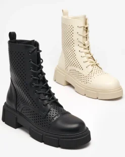 Hot Ażurowe beżowe damskie botki na płaskim obcasie Rolika - Obuwie Botki Bez Ocieplenia|Botki Sznurowane