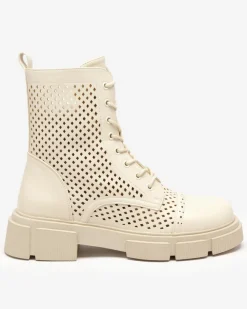 Hot Ażurowe beżowe damskie botki na płaskim obcasie Rolika - Obuwie Botki Bez Ocieplenia|Botki Sznurowane