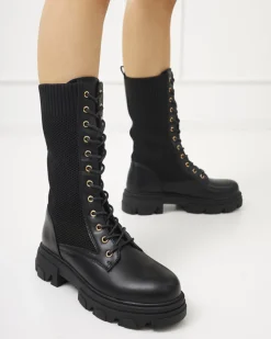 Ażurowe czarne damskie botki sznurowane Buhomi - Obuwie Workery|Botki Bez Ocieplenia