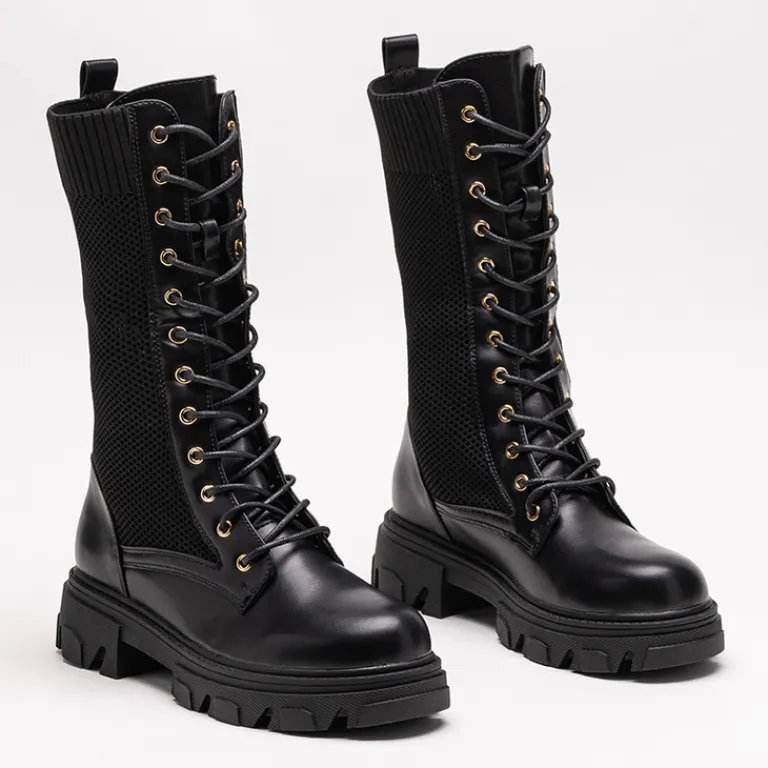 Ażurowe czarne damskie botki sznurowane Buhomi - Obuwie Workery|Botki Bez Ocieplenia