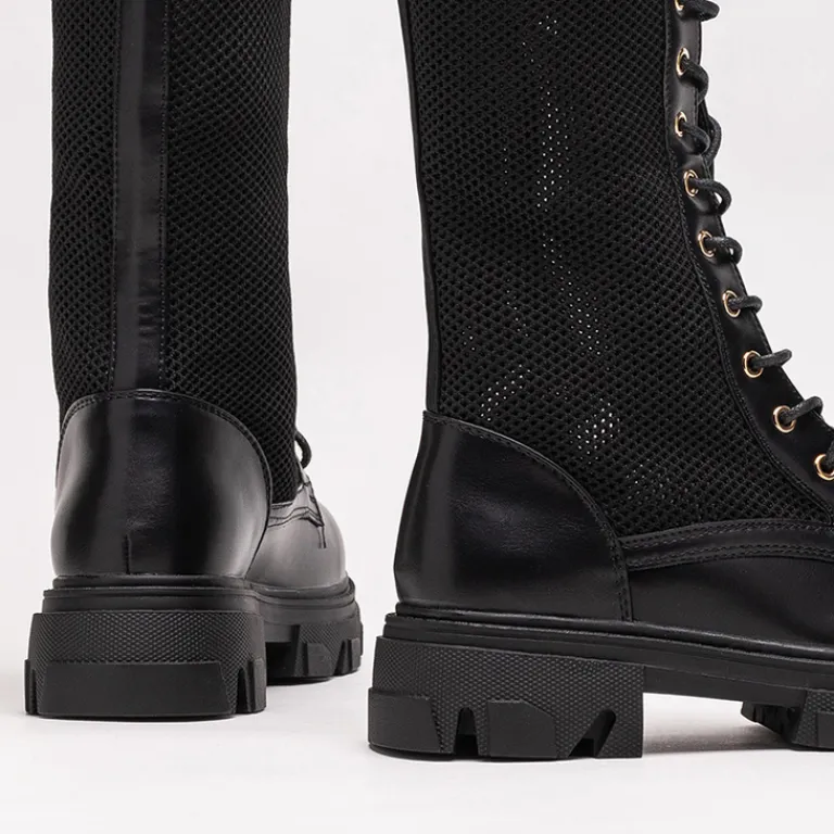 Ażurowe czarne damskie botki sznurowane Buhomi - Obuwie Workery|Botki Bez Ocieplenia