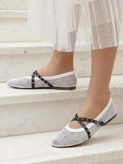 Best Baleriny Calista Bianca – siateczkowe białe buty damskie z czarnymi paskami Baleriny Klasyczne