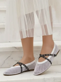 Best Baleriny Calista Bianca – siateczkowe białe buty damskie z czarnymi paskami Baleriny Klasyczne