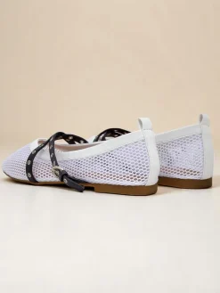 Best Baleriny Calista Bianca – siateczkowe białe buty damskie z czarnymi paskami Baleriny Klasyczne