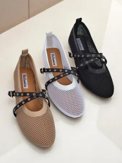 Best Baleriny Calista Bianca – siateczkowe białe buty damskie z czarnymi paskami Baleriny Klasyczne