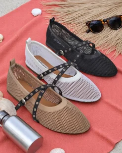 Best Baleriny Calista Bianca – siateczkowe białe buty damskie z czarnymi paskami Baleriny Klasyczne