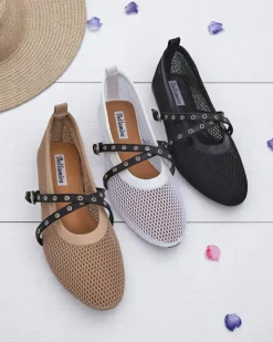 Best Baleriny Calista Bianca – siateczkowe białe buty damskie z czarnymi paskami Baleriny Klasyczne