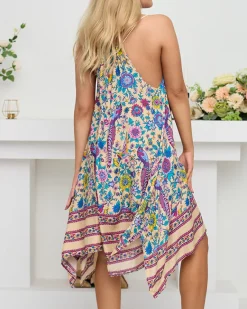 Sale Beżowa damska wzorzysta narzutka typu sukienka - Odzież Narzutka Plażowa|Sukienki Letnie