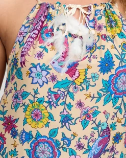 Sale Beżowa damska wzorzysta narzutka typu sukienka - Odzież Narzutka Plażowa|Sukienki Letnie