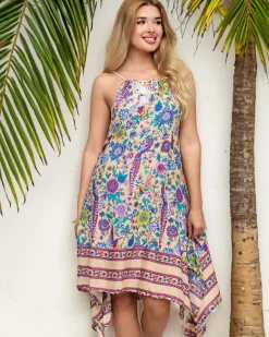 Sale Beżowa damska wzorzysta narzutka typu sukienka - Odzież Narzutka Plażowa|Sukienki Letnie