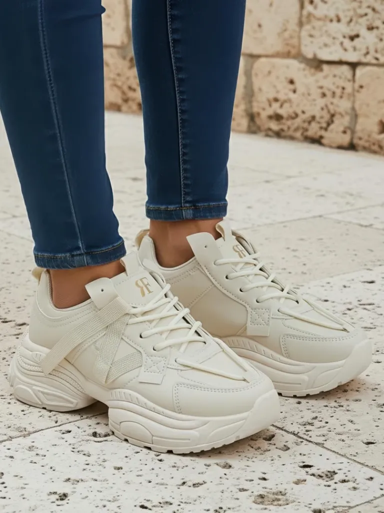 Clearance Beżowe sneakersy damskie Platina Roma na płaskim obcasie skóra eko 5 cm Damskie Ugc|Sneakersy