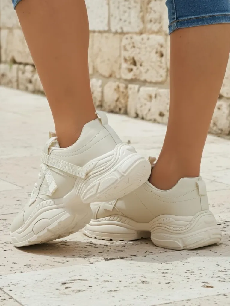 Clearance Beżowe sneakersy damskie Platina Roma na płaskim obcasie skóra eko 5 cm Damskie Ugc|Sneakersy