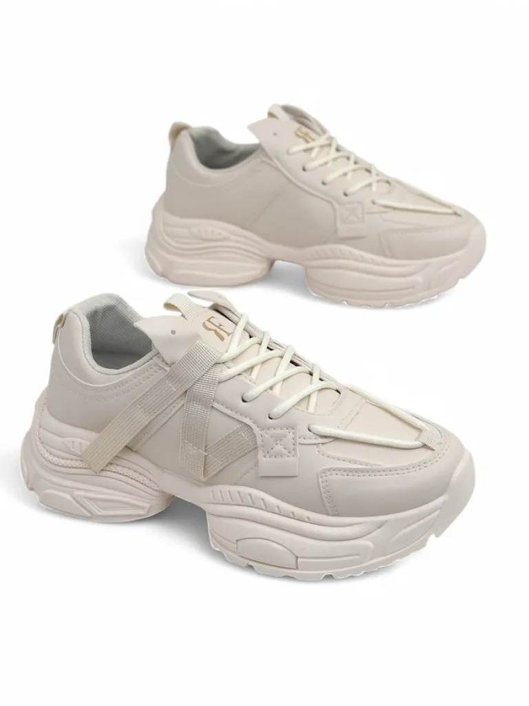 Clearance Beżowe sneakersy damskie Platina Roma na płaskim obcasie skóra eko 5 cm Damskie Ugc|Sneakersy