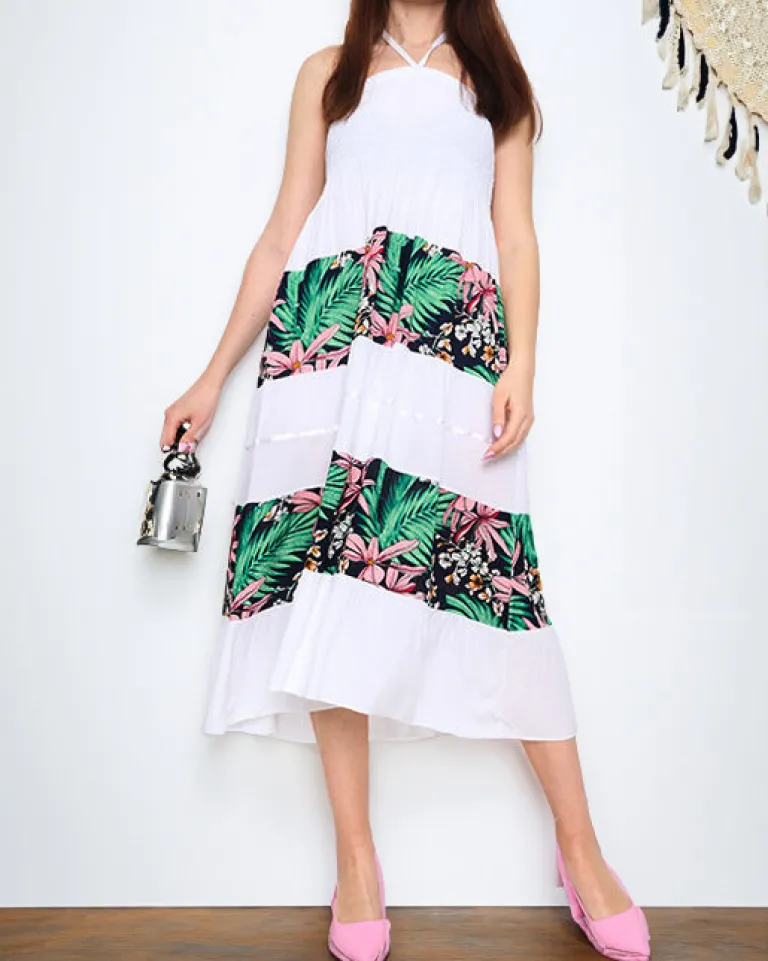 Clearance Biała damska sukienka midi w kwiaty PLUS SIZE - Odzież Sukienki Letnie|Sukienki Długie