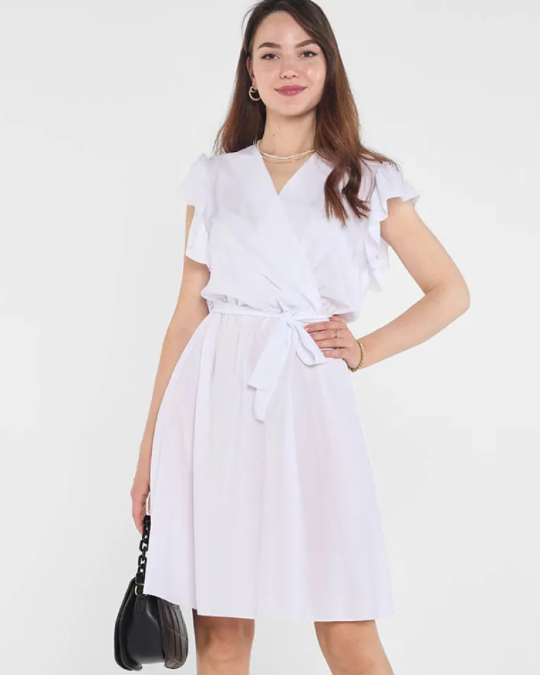 Outlet Biała damska sukienka mini z wiązaniem - Odzież Sukienki Letnie|Sukienki Krótkie