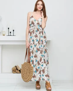 Discount Biała zwiewna damska sukienka maxi - Odzież Sukienki Letnie|Sukienki Długie