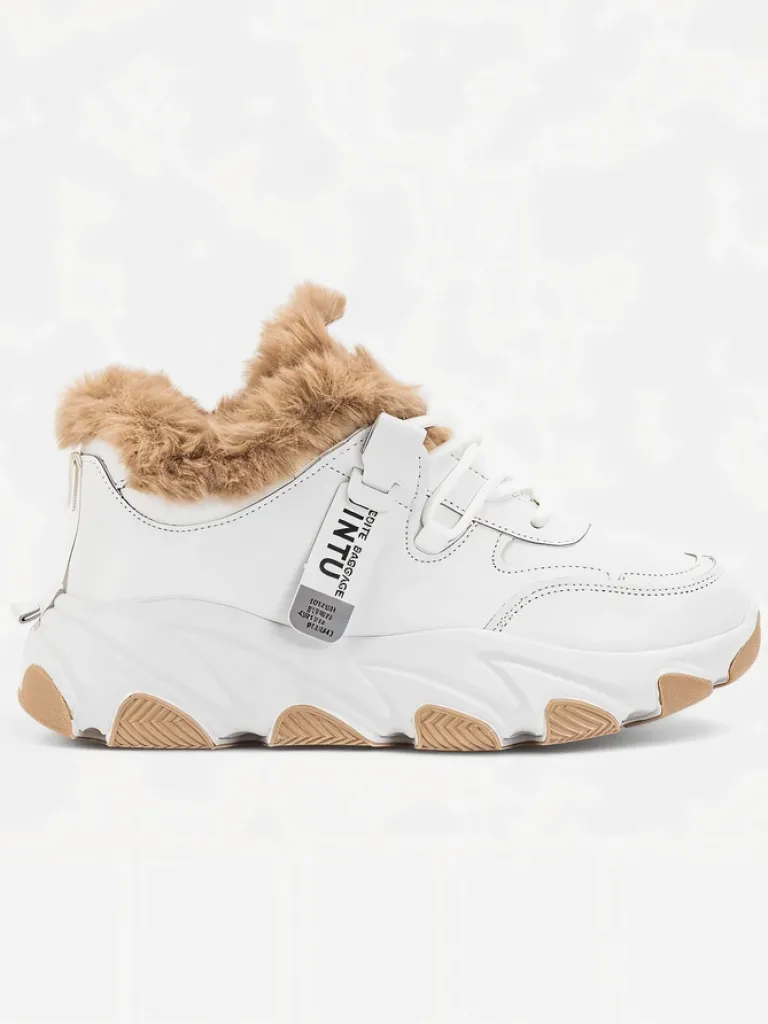 Online Białe sportowe sneakersy damskie z futerkiem Nonua- Obuwie Damskie Śniegowce|Ocieplane