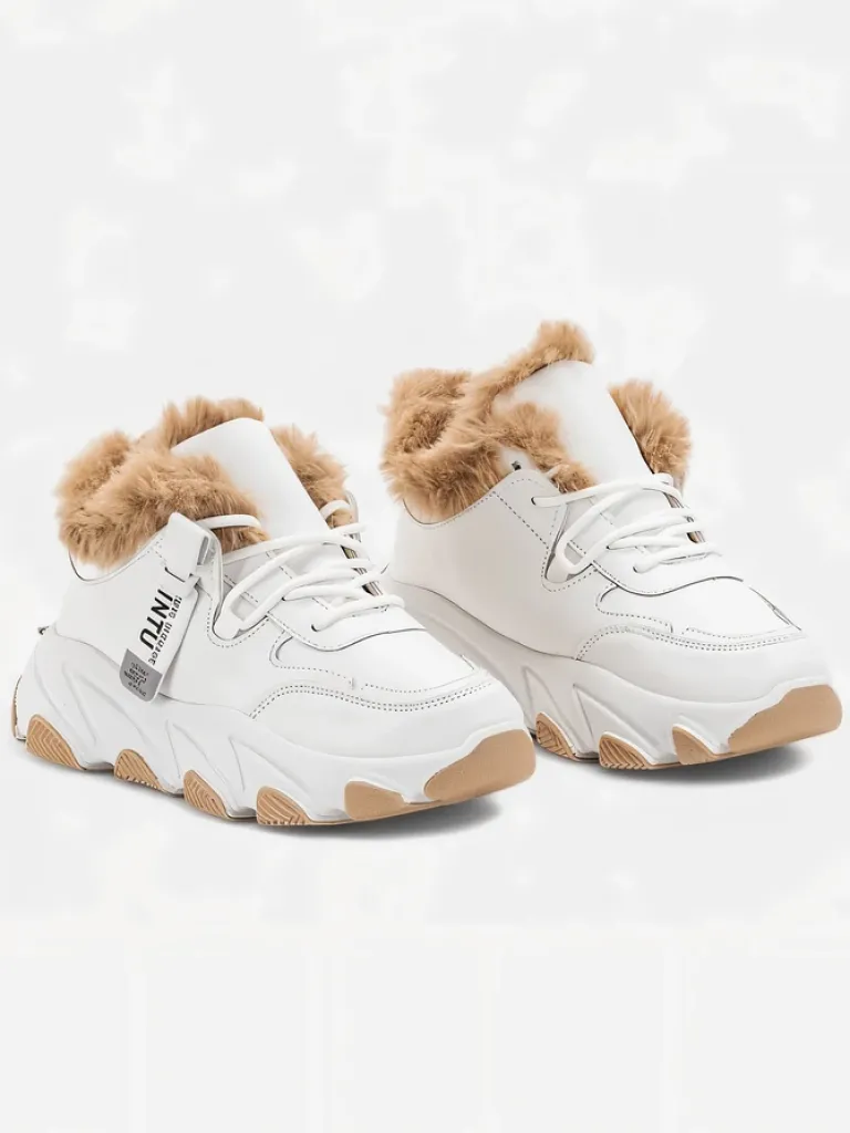Online Białe sportowe sneakersy damskie z futerkiem Nonua- Obuwie Damskie Śniegowce|Ocieplane