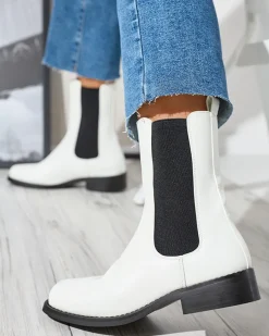 Białe wysokie botki damskie z kwadratowym noskiem Ludiz- Obuwie Botki Z Delikatnym Ociepleniem|Botki Na Płaskim Obcasie