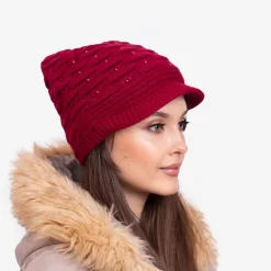 Best Bordowa damska ciepła czapka z perełkami - Akcesoria Damskie Czapki I Kapelusze