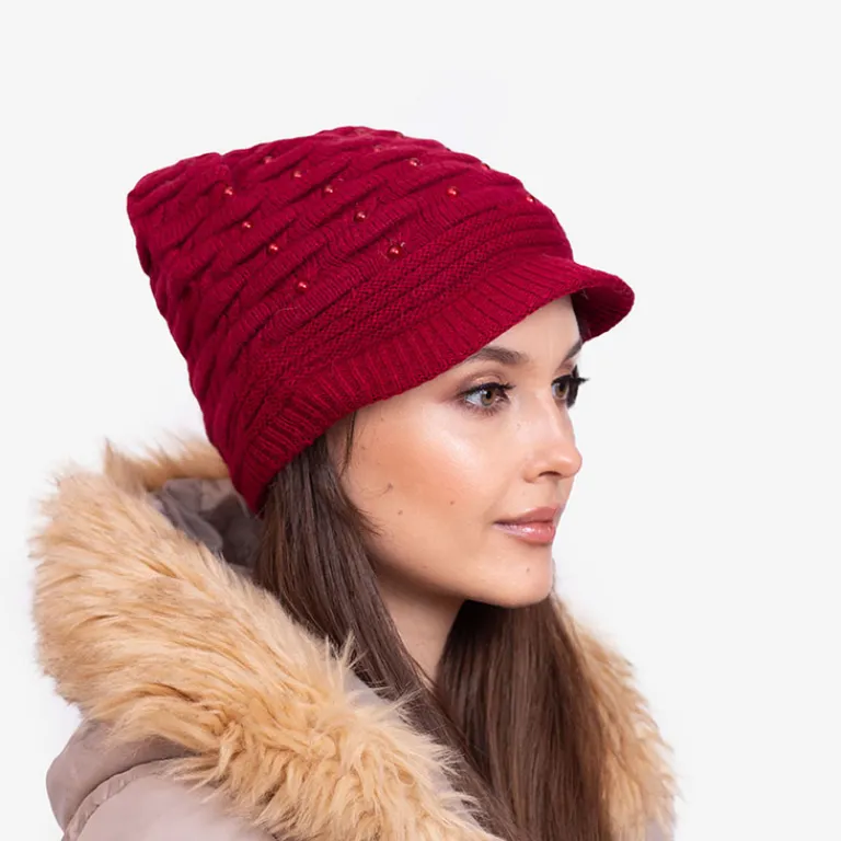 Best Bordowa damska ciepła czapka z perełkami - Akcesoria Damskie Czapki I Kapelusze