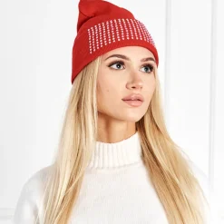 Clearance Bordowa damska czapka z perełkami - Akcesoria Damskie Czapki I Kapelusze