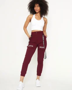 Best Bordowe damskie materiałowe spodnie typu bojówki z szelkami - Odzież Spodnie Cargo|Spodnie Dresowe