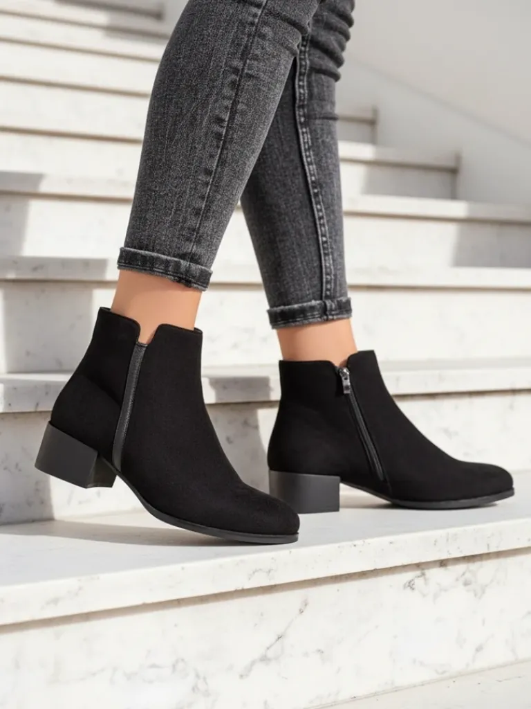 Sale Botki Amicus Nero Elegante na Jesień i Zimę Botki Z Delikatnym Ociepleniem|Botki Na Płaskim Obcasie