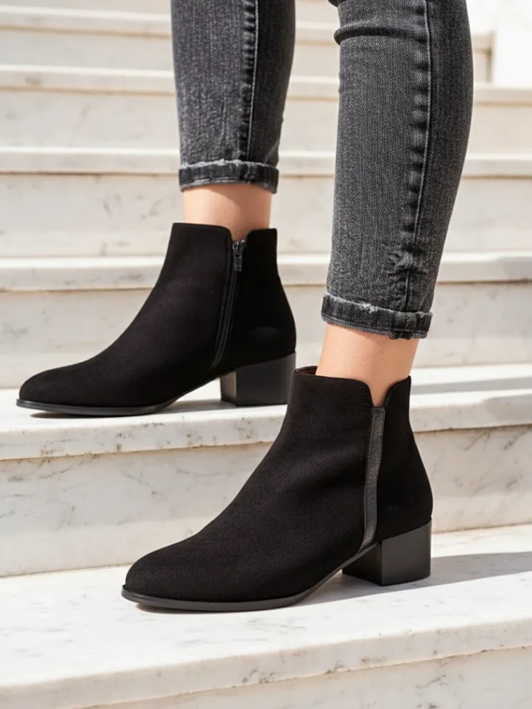 Sale Botki Amicus Nero Elegante na Jesień i Zimę Botki Z Delikatnym Ociepleniem|Botki Na Płaskim Obcasie