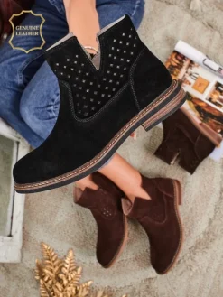 Online Botki Aurelia Nero zamszowe ażurowe botki damskie płaski obcas 3cm Botki Bez Ocieplenia|Botki Na Płaskim Obcasie