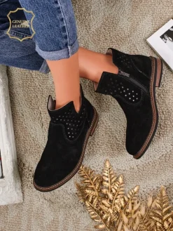 Online Botki Aurelia Nero zamszowe ażurowe botki damskie płaski obcas 3cm Botki Bez Ocieplenia|Botki Na Płaskim Obcasie