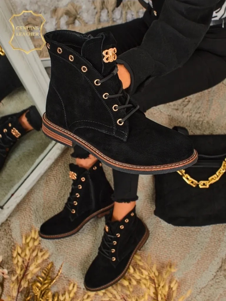 Hot Botki damskie Aurelia Romano z naturalnego zamszu – brązowe, z futerkiem Botki Bez Ocieplenia|Botki Sznurowane