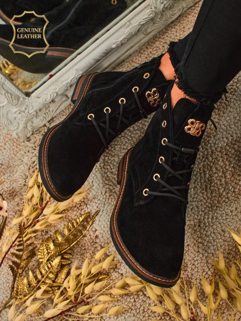 Hot Botki damskie Aurelia Romano z naturalnego zamszu – brązowe, z futerkiem Botki Bez Ocieplenia|Botki Sznurowane