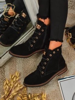 Hot Botki damskie Aurelia Romano z naturalnego zamszu – brązowe, z futerkiem Botki Bez Ocieplenia|Botki Sznurowane