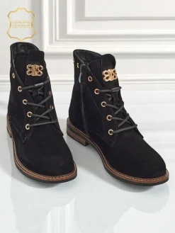 Hot Botki damskie Aurelia Romano z naturalnego zamszu – brązowe, z futerkiem Botki Bez Ocieplenia|Botki Sznurowane