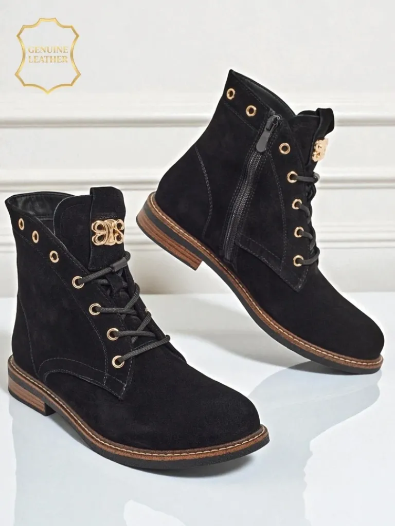 Hot Botki damskie Aurelia Romano z naturalnego zamszu – brązowe, z futerkiem Botki Bez Ocieplenia|Botki Sznurowane