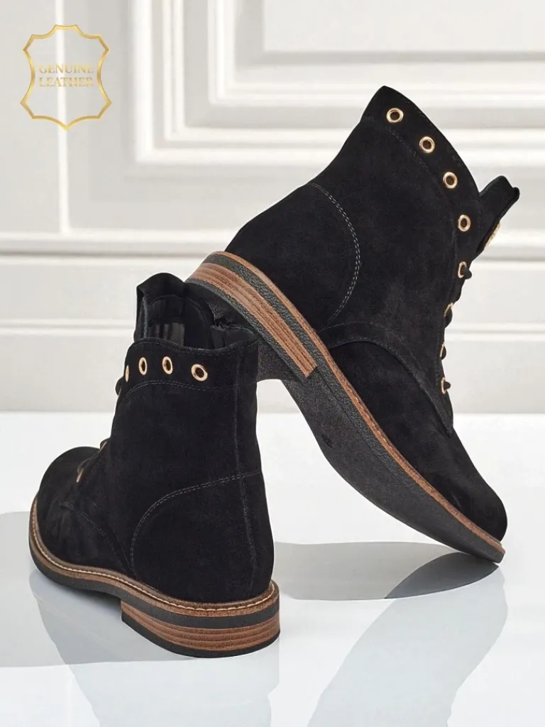 Hot Botki damskie Aurelia Romano z naturalnego zamszu – brązowe, z futerkiem Botki Bez Ocieplenia|Botki Sznurowane