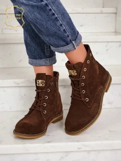 Botki damskie Aurelia Romano z naturalnego zamszu – brązowe, z futerkiem Botki Bez Ocieplenia|Botki Sznurowane